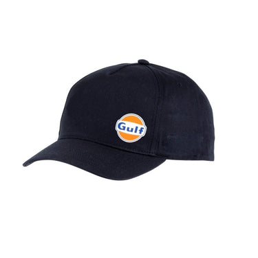 Front view of Sparco Gulf Cap with black cotton fabric and woven Gulf logo patch on the crown